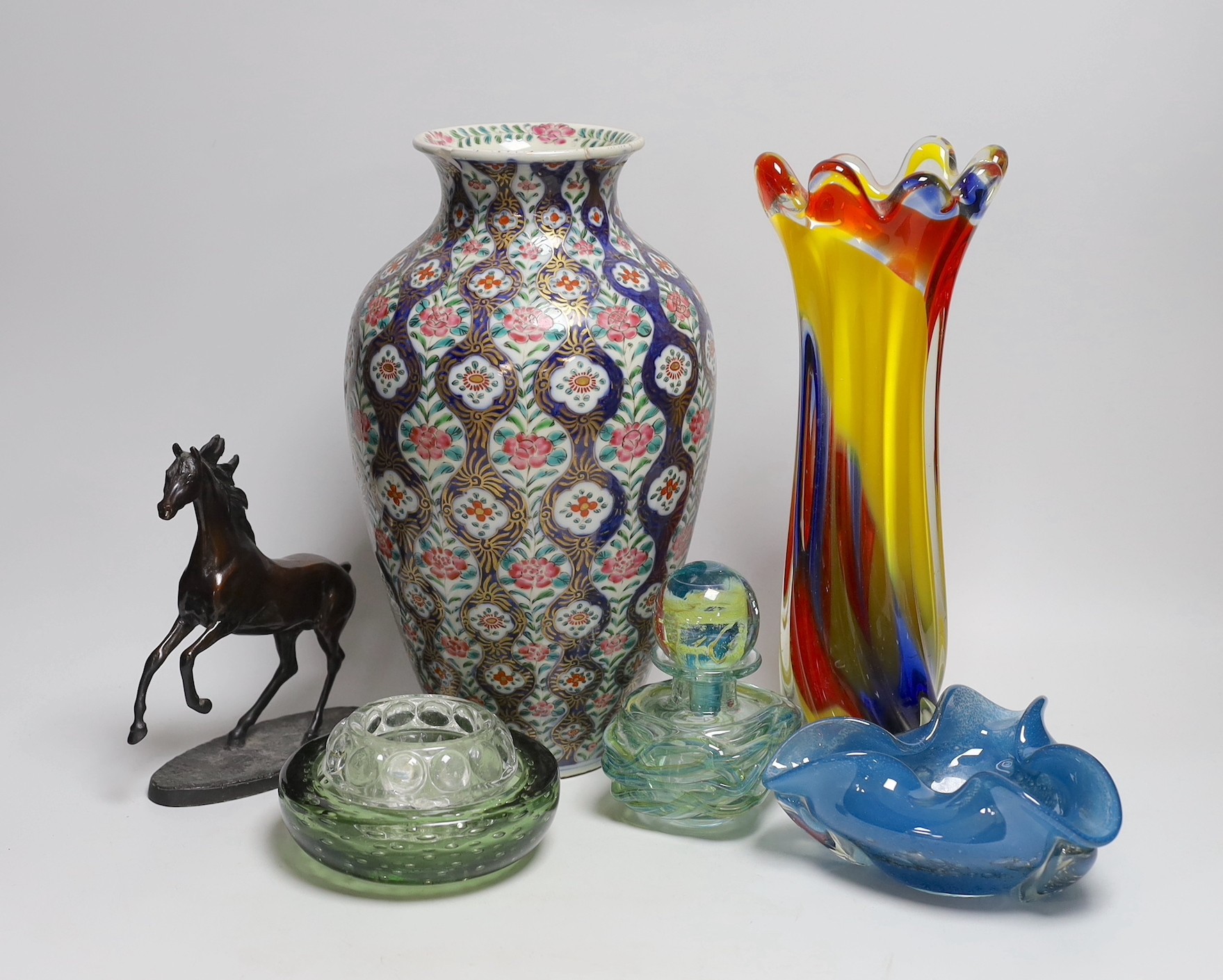 Various art glass bowls, a scent bottle and vase, a Continental ceramic vase and a Franklin mint horse (7)